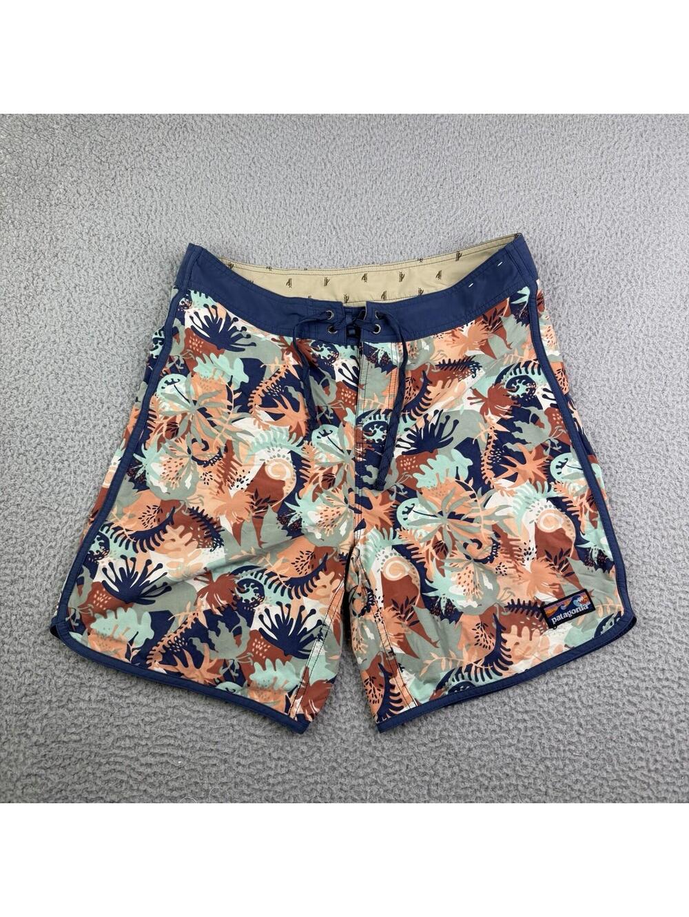 Patagonia Floral Tropical Board Shorts Mens 32 Blue Peach Swim Surf Beach